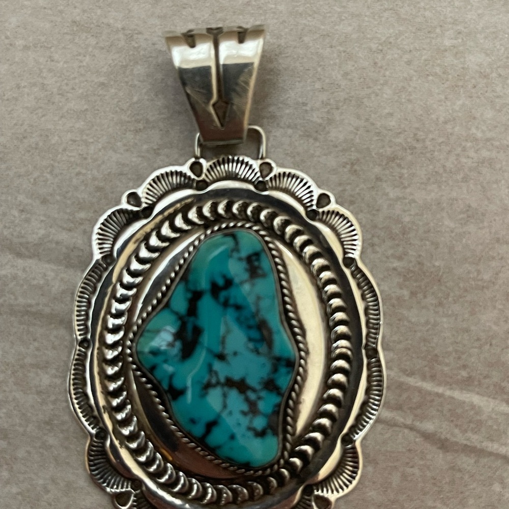 Authentic Navajo Sterling Silver Large Pendant with Turquoise by Sunshine Reeves - Picture 2 of 7